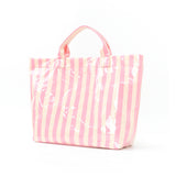 Striped PVC Tote Bag Women's Plastic Tote Purse Large Letters Print Hobo Handbag for Work, Beach, Gift